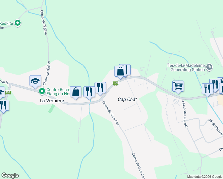 map of restaurants, bars, coffee shops, grocery stores, and more near 1217 Chemin de la Vernière in Gaspésie–Îles-de-la-Madeleine