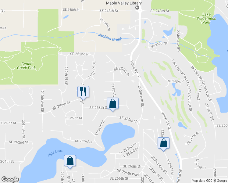map of restaurants, bars, coffee shops, grocery stores, and more near 27684 Southeast 256th Place in Maple Valley