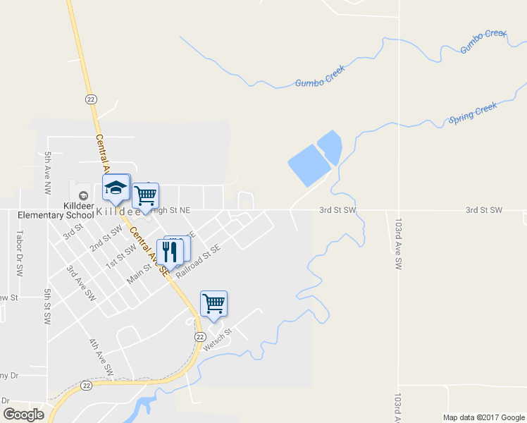map of restaurants, bars, coffee shops, grocery stores, and more near 587 Railroad Street Southeast in Killdeer