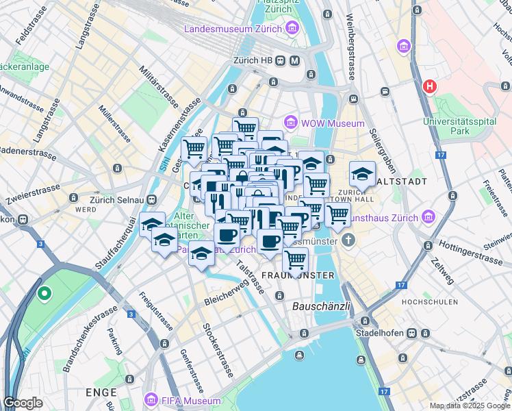 map of restaurants, bars, coffee shops, grocery stores, and more near 45 Bahnhofstrasse in Zürich
