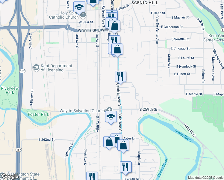 map of restaurants, bars, coffee shops, grocery stores, and more near 917 Central Avenue South in Kent