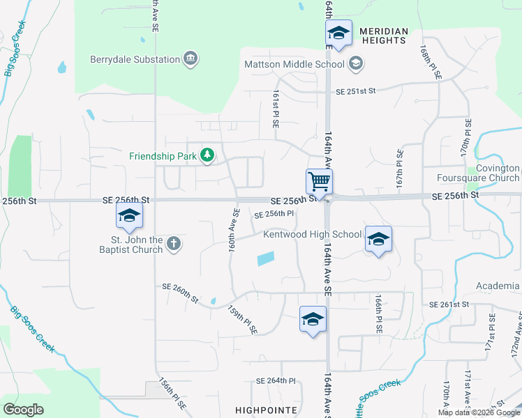 map of restaurants, bars, coffee shops, grocery stores, and more near 16030 Southeast 256th Place in Covington