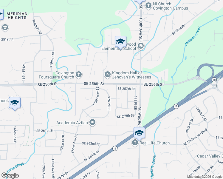 map of restaurants, bars, coffee shops, grocery stores, and more near 17613 Southeast 257th Court in Covington