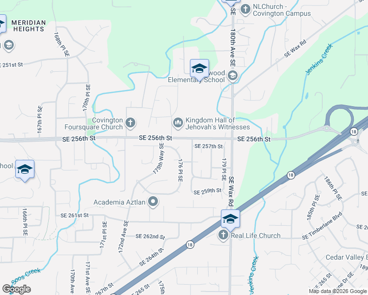 map of restaurants, bars, coffee shops, grocery stores, and more near 17613 Southeast 257th Court in Covington
