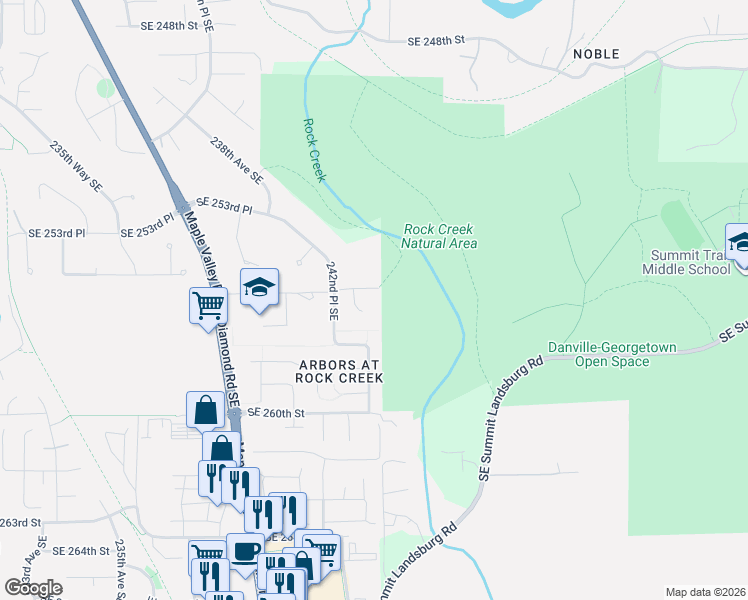 map of restaurants, bars, coffee shops, grocery stores, and more near 25622 243rd Court Southeast in Maple Valley