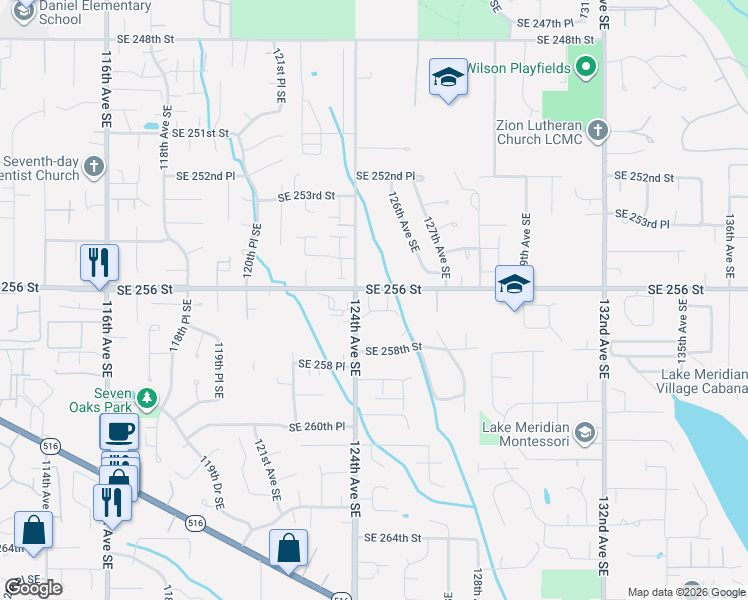 map of restaurants, bars, coffee shops, grocery stores, and more near 25650 124th Avenue Southeast in Kent