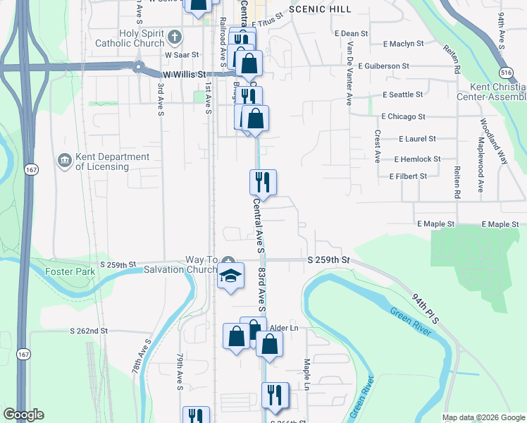 map of restaurants, bars, coffee shops, grocery stores, and more near 917 Central Avenue South in Kent