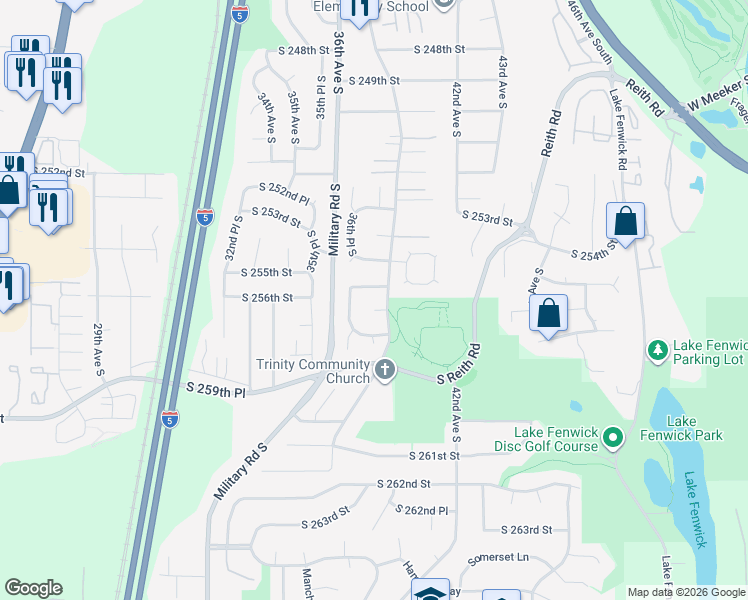 map of restaurants, bars, coffee shops, grocery stores, and more near 3719 South 256th Court in Kent