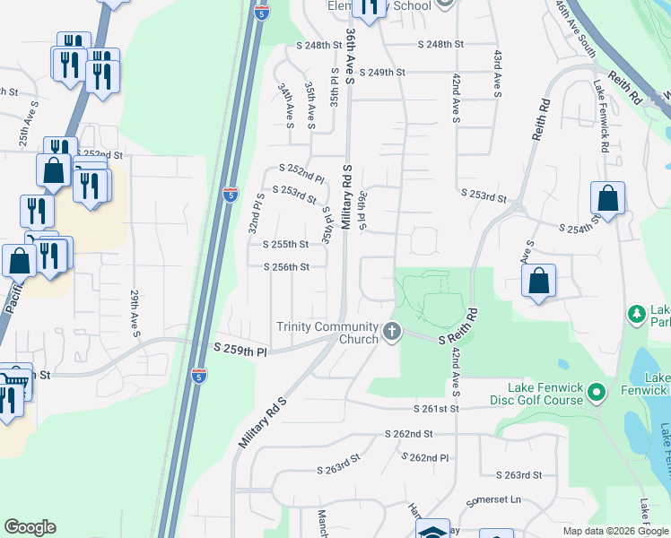 map of restaurants, bars, coffee shops, grocery stores, and more near 3506 South 257th Street in Kent