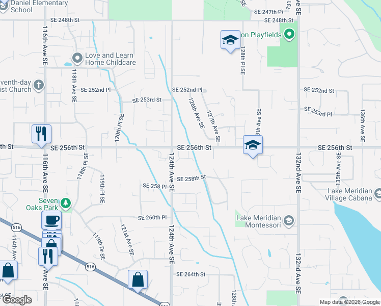 map of restaurants, bars, coffee shops, grocery stores, and more near 12506 Southeast 256th Place in Kent