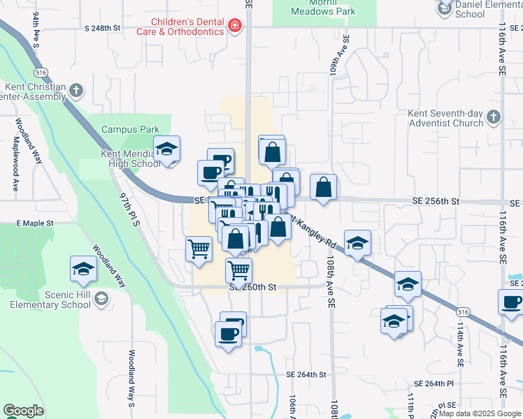 map of restaurants, bars, coffee shops, grocery stores, and more near 25638 104th Avenue Southeast in Kent
