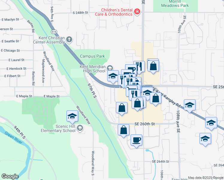 map of restaurants, bars, coffee shops, grocery stores, and more near 25624 100th Place Southeast in Kent