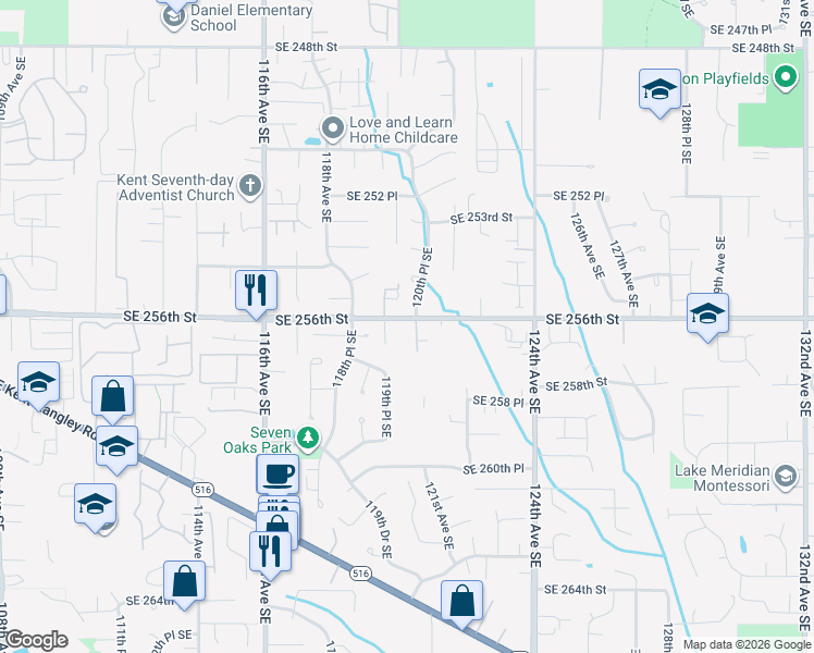 map of restaurants, bars, coffee shops, grocery stores, and more near 25623 120th Place Southeast in Kent