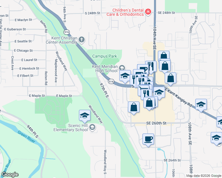 map of restaurants, bars, coffee shops, grocery stores, and more near 25426 98th Avenue South in Kent