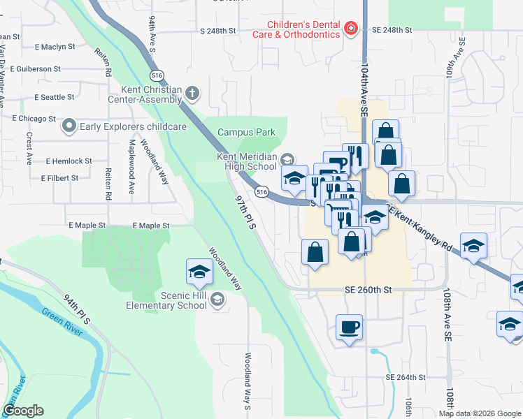 map of restaurants, bars, coffee shops, grocery stores, and more near 25426 98th Avenue South in Kent
