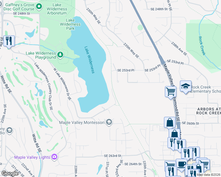 map of restaurants, bars, coffee shops, grocery stores, and more near 25603 East Lake Wilderness Drive Southeast in Maple Valley