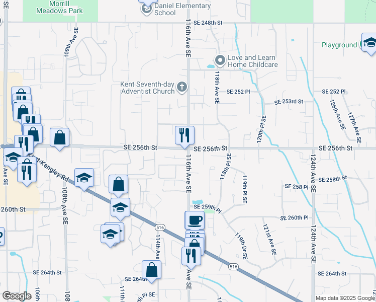 map of restaurants, bars, coffee shops, grocery stores, and more near 25437 116th Avenue Southeast in Kent