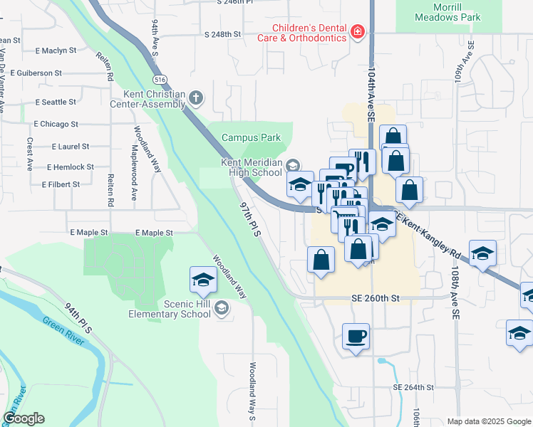 map of restaurants, bars, coffee shops, grocery stores, and more near 12946 Canyon Drive in Kent