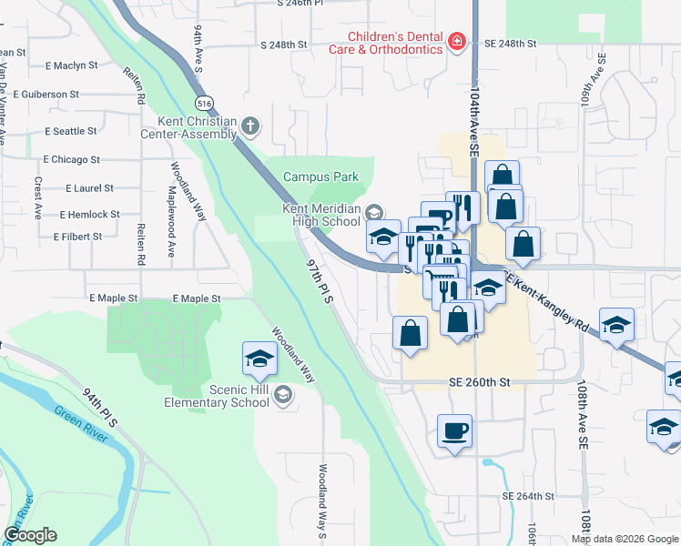 map of restaurants, bars, coffee shops, grocery stores, and more near 12946 Canyon Drive in Kent