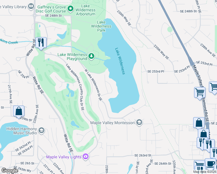 map of restaurants, bars, coffee shops, grocery stores, and more near 25442 Lake Wilderness Lane Southeast in Maple Valley
