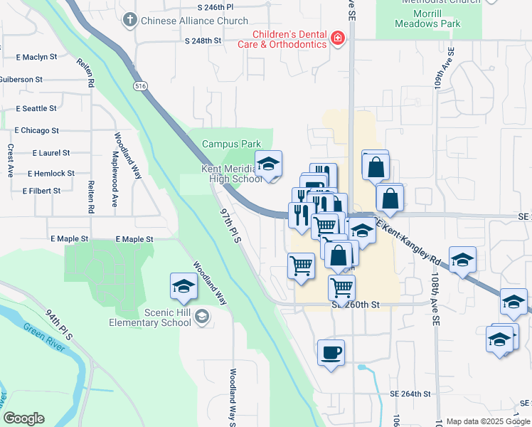 map of restaurants, bars, coffee shops, grocery stores, and more near 10433 Canyon Drive in Kent