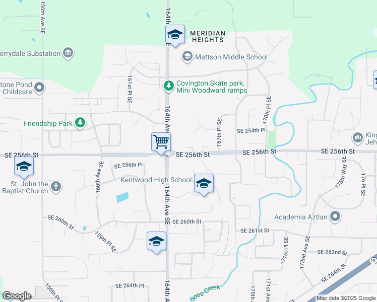map of restaurants, bars, coffee shops, grocery stores, and more near 16526 Southeast 256th Street in Covington