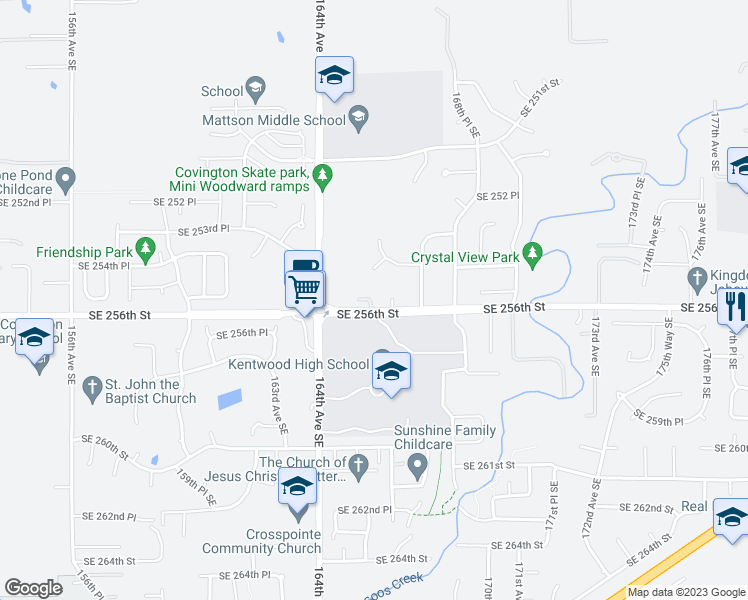 map of restaurants, bars, coffee shops, grocery stores, and more near 16526 Southeast 256th Street in Covington