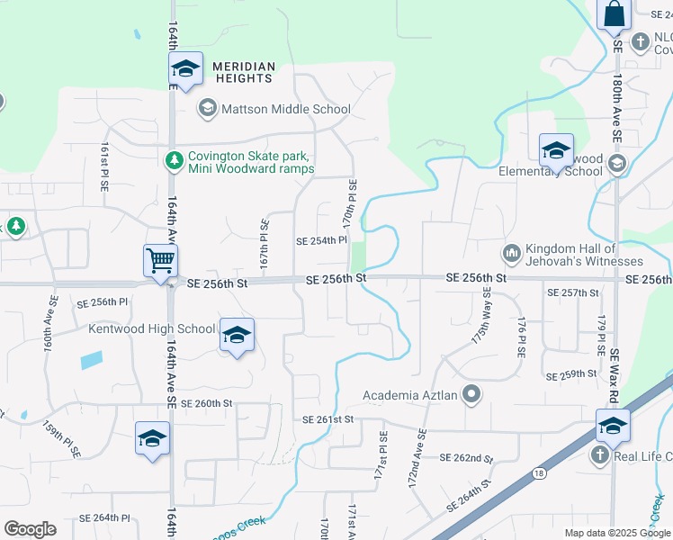 map of restaurants, bars, coffee shops, grocery stores, and more near 16979 Southeast 255th Place in Covington