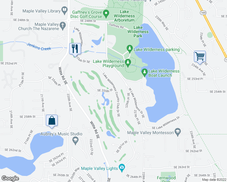 map of restaurants, bars, coffee shops, grocery stores, and more near 25507 Lake Wilderness Country Club Drive Southeast in Maple Valley