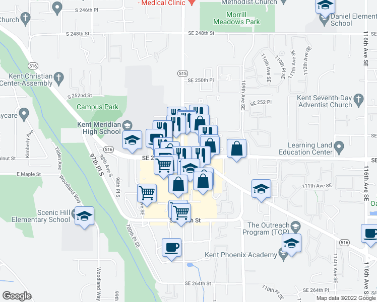 map of restaurants, bars, coffee shops, grocery stores, and more near 10406 Southeast 256th Street in Kent