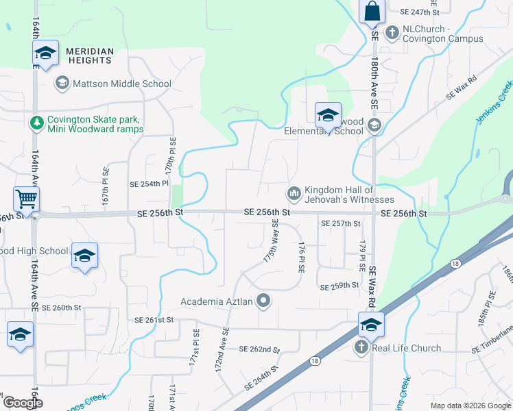 map of restaurants, bars, coffee shops, grocery stores, and more near 17420 Southeast 256th Street in Covington