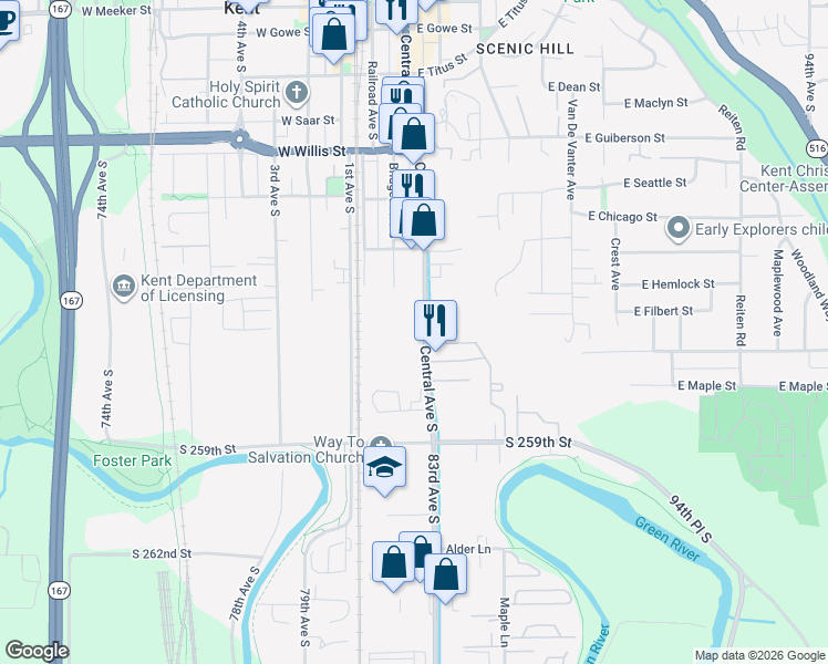 map of restaurants, bars, coffee shops, grocery stores, and more near 829 Central Avenue South in Kent
