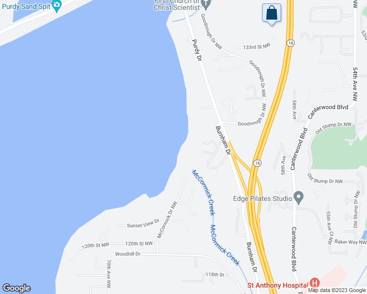 map of restaurants, bars, coffee shops, grocery stores, and more near 6425 126th Street Court in Gig Harbor