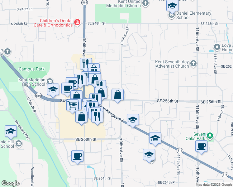 map of restaurants, bars, coffee shops, grocery stores, and more near 10710 Southeast 256th Street in Kent