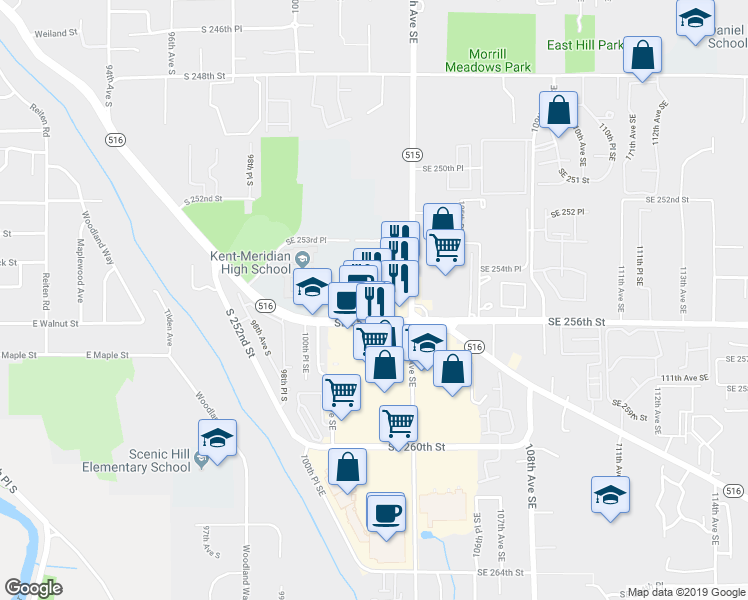 map of restaurants, bars, coffee shops, grocery stores, and more near 10216 Southeast 256th Street in Kent