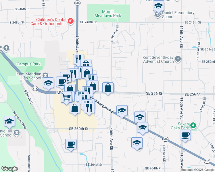 map of restaurants, bars, coffee shops, grocery stores, and more near 10710 Southeast 256th Street in Kent