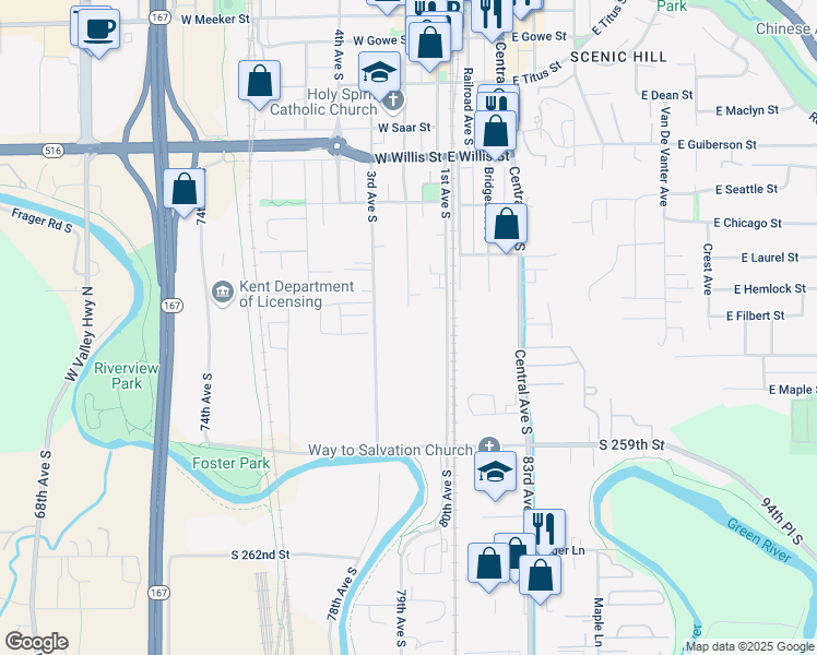 map of restaurants, bars, coffee shops, grocery stores, and more near 800 3rd Ave S in Kent