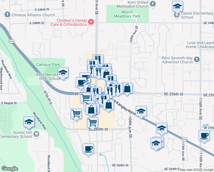 map of restaurants, bars, coffee shops, grocery stores, and more near 25420 104th Avenue Southeast in Kent