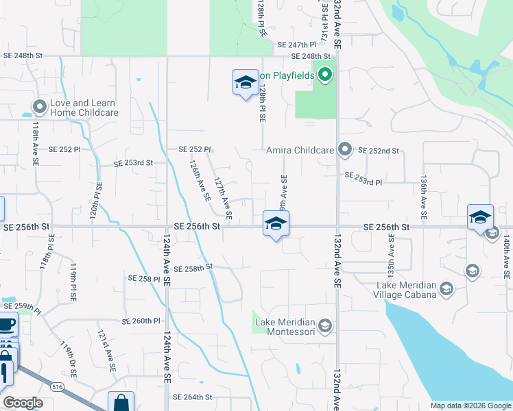 map of restaurants, bars, coffee shops, grocery stores, and more near 25504 128th Avenue Southeast in Kent