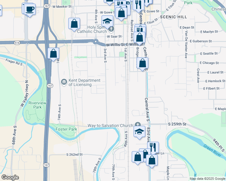 map of restaurants, bars, coffee shops, grocery stores, and more near 800 3rd Avenue South in Kent
