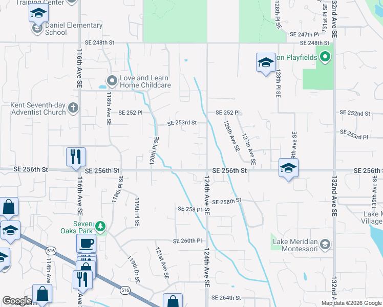 map of restaurants, bars, coffee shops, grocery stores, and more near 12220 Southeast 255th Street in Kent