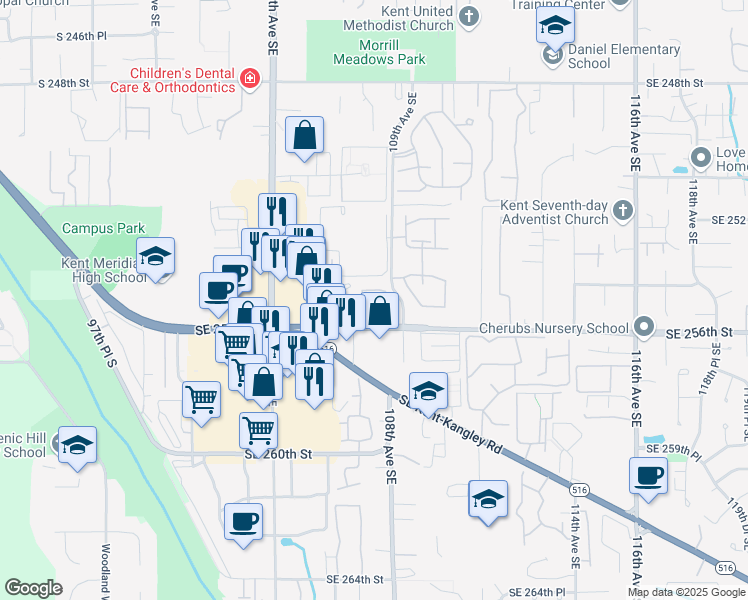 map of restaurants, bars, coffee shops, grocery stores, and more near 10710 Southeast 256th Street in Kent