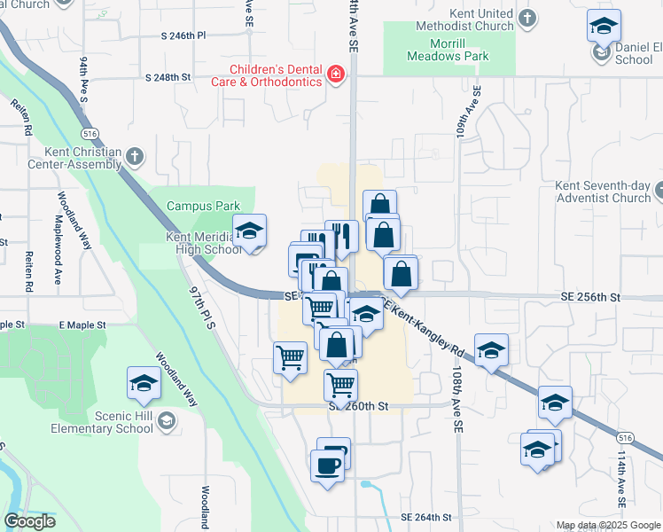 map of restaurants, bars, coffee shops, grocery stores, and more near 10304 Southeast 256th Street in Kent