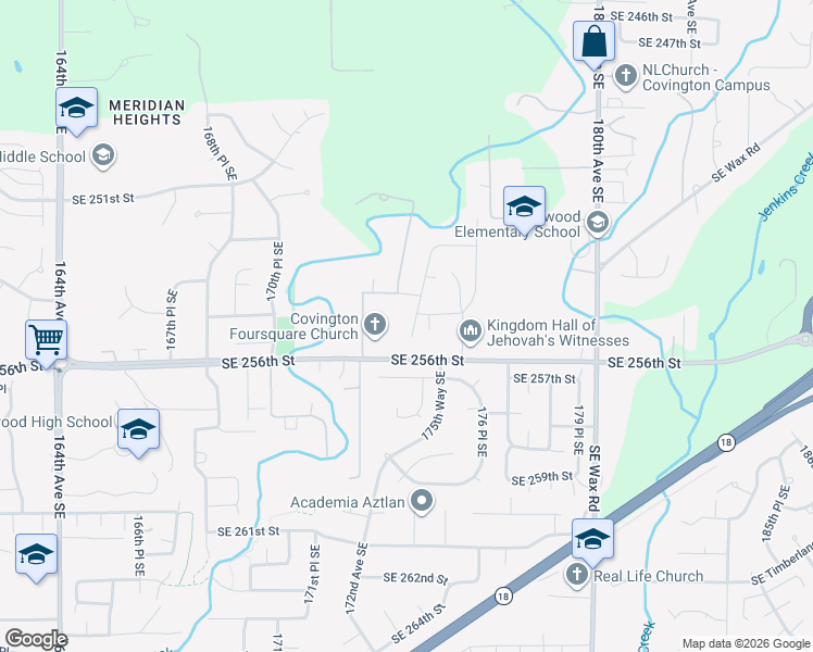 map of restaurants, bars, coffee shops, grocery stores, and more near 17420 Southeast 256th Street in Covington