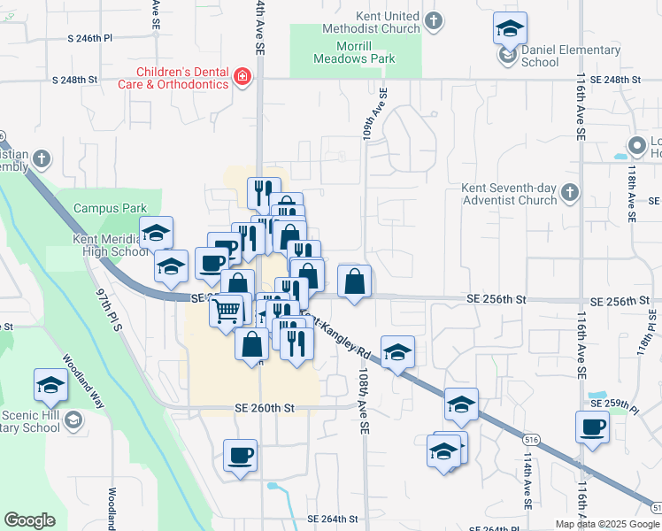 map of restaurants, bars, coffee shops, grocery stores, and more near 25416 106th Avenue Southeast in Kent