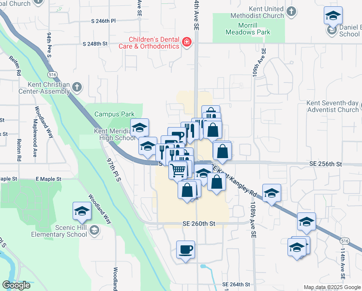 map of restaurants, bars, coffee shops, grocery stores, and more near 10304 Southeast 256th Street in Kent