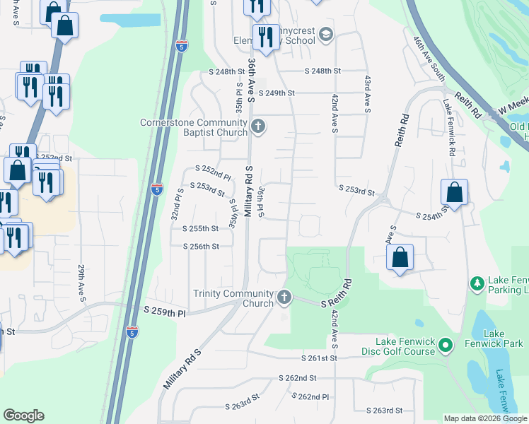 map of restaurants, bars, coffee shops, grocery stores, and more near 3623 South 254th Place in Kent