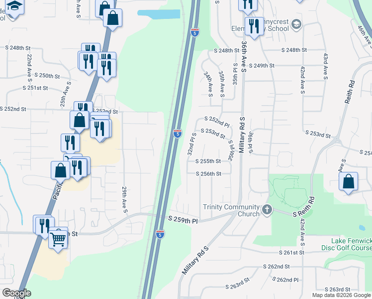 map of restaurants, bars, coffee shops, grocery stores, and more near 25509 32nd Place Southeast in Kent