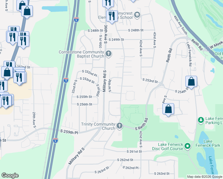 map of restaurants, bars, coffee shops, grocery stores, and more near 3623 South 254th Place in Kent