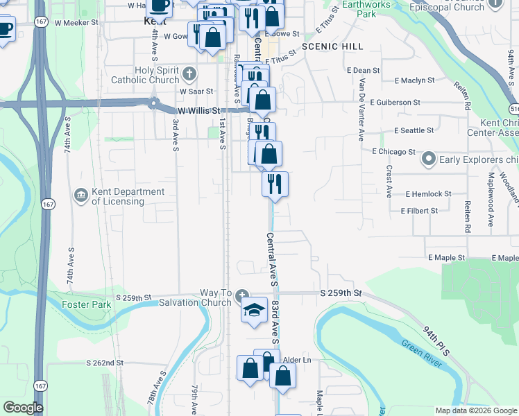 map of restaurants, bars, coffee shops, grocery stores, and more near 829 Central Avenue South in Kent